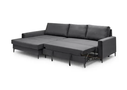 Ecksofa - Longchair links mit 3-Sitzer, Schlaffunktion mit Bettkasten, Stoff, Anthrazit