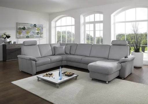 Wohnlandschaft - Ecke links, 2,5-Sitzer, Longchair rechts in Stoff Hellgrau