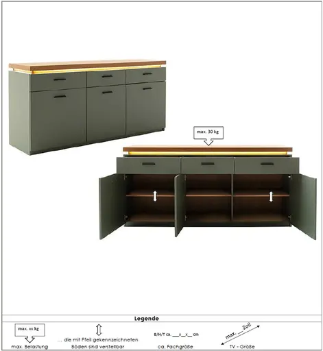 Sideboard - mit Beleuchtung, B ca. 156 cm, Salbeigrün, Eiche Evoke Nachbildung