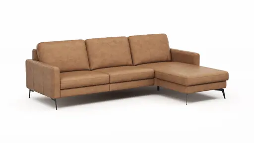 Ecksofa Enna - 3-Sitzer mit Longchair rechts, Armlehne A, Leder, Cognac
