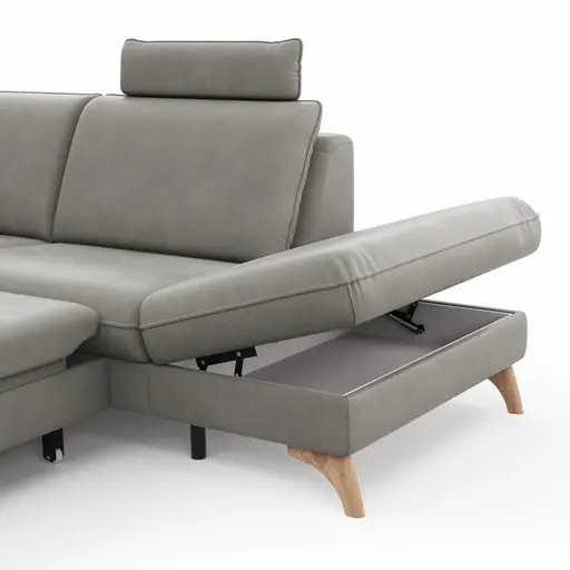 Ecksofa Tulsa KS - 2,5-Sitzer, Spitzecke und 1,5-Sitzer mit Anstellhocker aufklappbar rechts,  inkl. Kopfstütze, AL verstellbar und Schlaffunktion, Leder, Graubeige