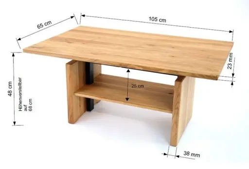 Couchtisch - höhenverstellbar, LB ca. 105x65 cm, Eiche Massiv
