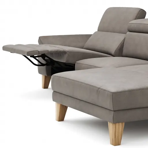 Ecksofa Hudson - 2,5-Sitzer mit Longchair rechts, inkl. Kopfteil/Armlehne verstellbar und Relaxfunktion (motorisch), Stoff, Steingrau