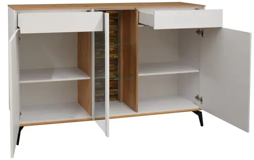 Sideboard - mit Beleuchtung, B ca. 159 cm, Weiß, Asteiche, Schwarz