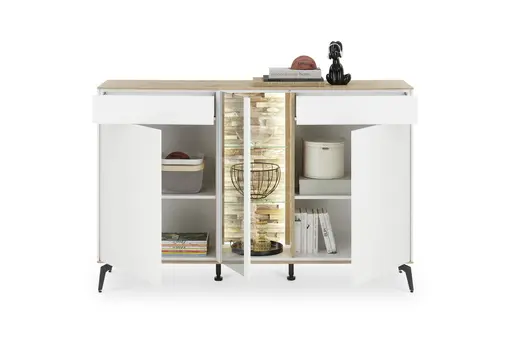 Sideboard - mit Beleuchtung, B ca. 159 cm, Weiß, Asteiche, Schwarz