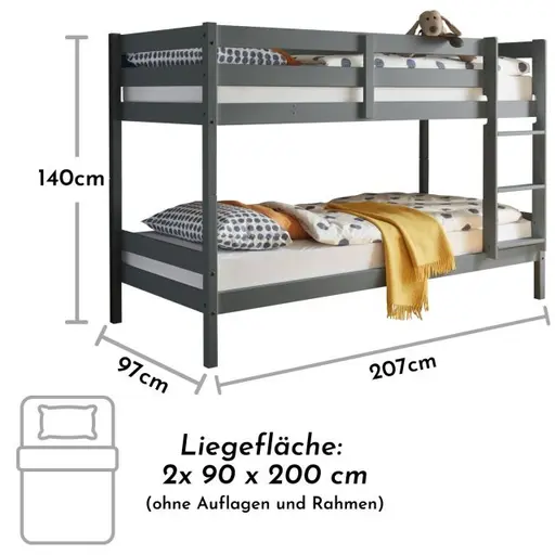 Etagenbett - Liegefläche ca. 90x200 cm, Grau