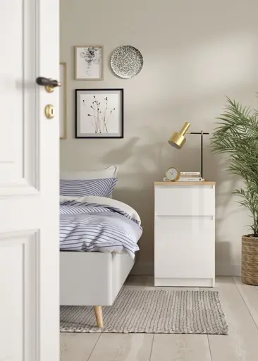 Nachtkonsole- B ca. 40 cm, Weiß, Hochglanz, Eiche Dekor