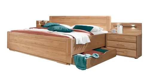 Doppelbett - inkl. Nachtschränke, Bettschubkästen, Beleuchtung, Eiche teilmassiv 