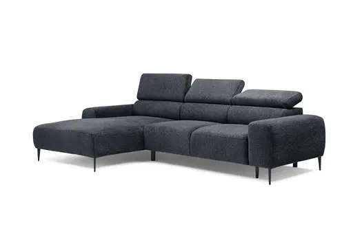 Ecksofa - Longchair links mit 2-Sitzer, Sitzvorzug motorisch, Kopfteil verstellbar, Stoff, Schwarzgrau