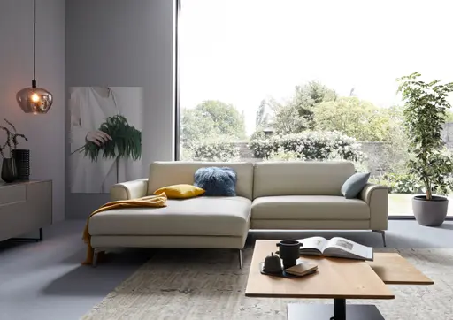 Ecksofa Enna - Longchair Links mit 1,5-Sitzer inklusive Relaxfunktion (motorisch), Leder, Ecru