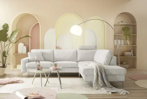 Ecksofa CALM 2.0 - 2,5-Sitzer mit Ecke rechts, Schlaffunktion mit Bettkasten, Stoff, Natur