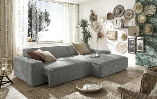 Ecksofa - 2-Sitzer mit Longchair rechts, Sitzvorzug motorisch, Stoff, Graphit