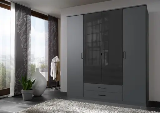 Schwebetürenschrank- B ca. 180 cm, Graphit, Glas, Schwarz