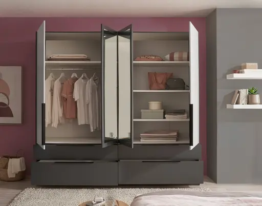 Drehtürensvhrank- B ca. 228 cm, Graphit, Lichtgrau, Spiegel