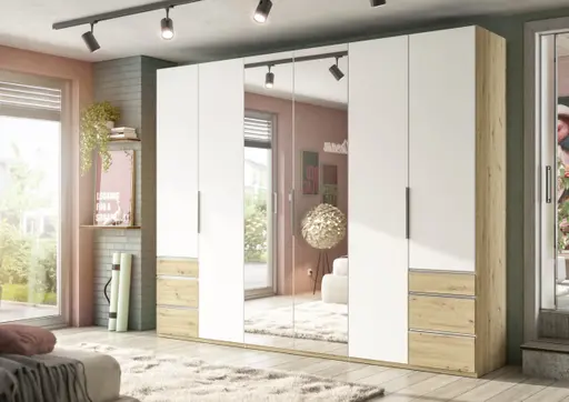 Drehtürenschrank- B ca. 300 cm, Eiche Dekor, Weiß, Spiegel