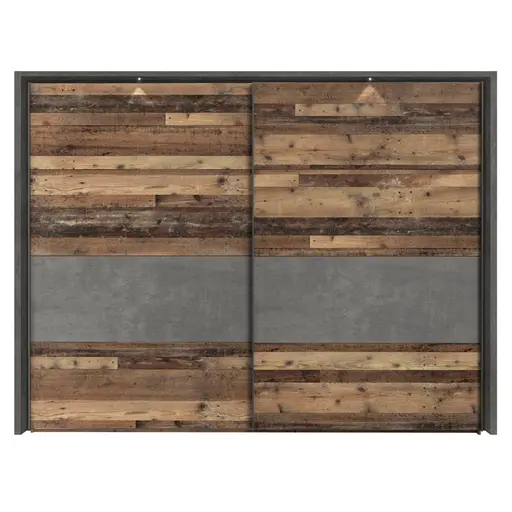 Schwebetürenschrank FEA - mit Passpartout, mit Beleuchtung, B. ca. 270 cm, Old Wood Vintage Dekor, Betonoptik Dunkelgrau