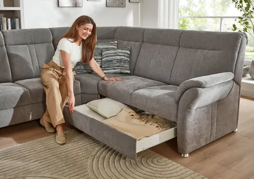 Ecksofa - 3-Sitzer mit Ecke rechts, Schlaffunktion mit Bettkasten, Stoff, Grau
