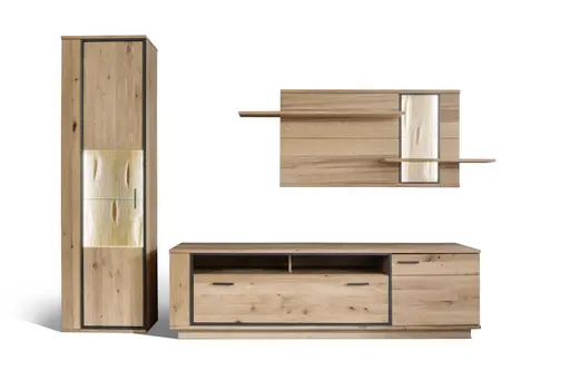 Wohnwand - mit Beleuchtung, Eiche teilmassiv