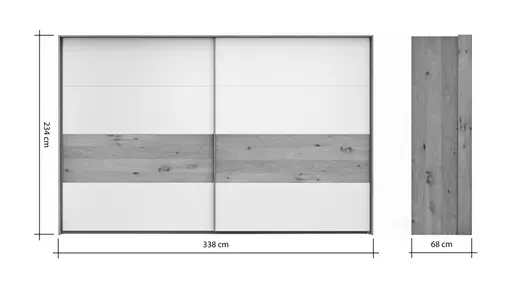 Schwebetürenschrank Viana - B ca. 338 cm, Furnier, Balkeneiche, Hellgrau