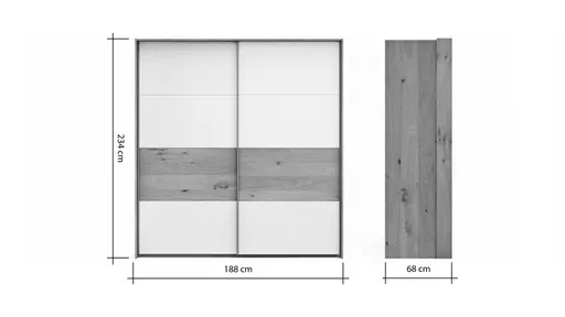 Schwebetürenschrank Viana - B ca. 188 cm, Furnier, Balkeneiche, Hellgrau