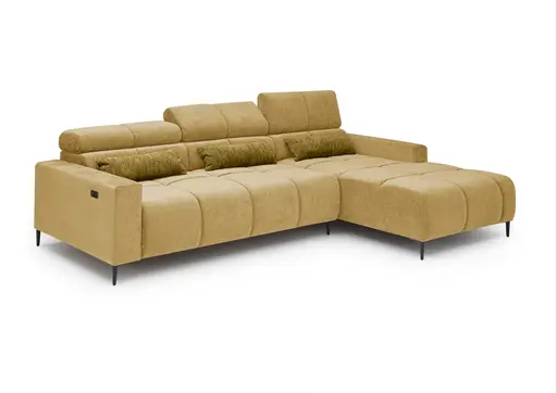 Ecksofa - 2-Sitzer mit Longchair rechts, Sitztiefe verstellbar motorisch/Kopfteil verstellbar, Stoff, Senfgelb
