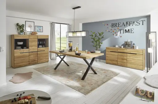 Esstisch - LB ca. 200x100 cm, Eiche; Massiv, Geölt, Baumkante, Metall, Schwarz