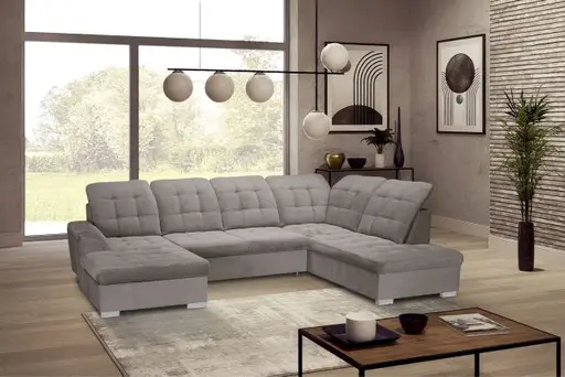 Wohnlandschaft - Longchair links, 1,5-Sitzer, Ecke rechts inkl. Schlaffunktion und Bettkasten, verstellbare Kopfstützen, Stoff, Grau