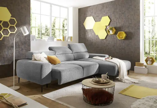 Ecksofa - 2-Sitzer mit Longchair rechts, Sitzvorzug motorisch, Kopfteil verstellbar, Stoff, Grau