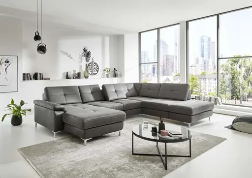 Wohnlandschaft - Longchair links mit 2,5-Sitzer und Ecke rechts, Sitztiefe verstellbar, Stoff, Eisengrau