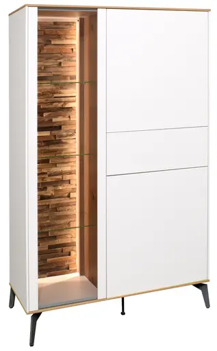 Highboard - mit Beleuchtung, B ca. 101 cm, Weiß, Asteiche, Schwarz