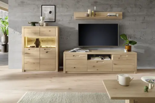 Wohnwand - mit Beleuchtung und Fernbedienung, Eiche Nachbildung, Eiche massiv geölt