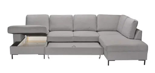 Wohnlandschaft - Longchair links, 2-Sitzer, Ecke rechts inkl. Schlaffunktion und Bettkasten, Stoff, Hellgrau