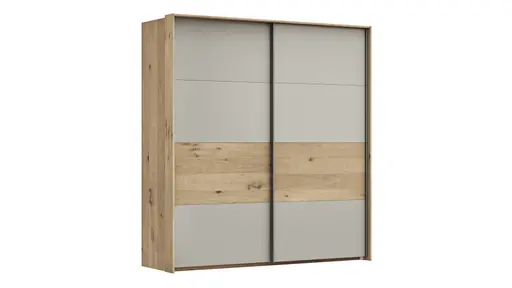 Schwebetürenschrank Viana - B ca. 188 cm, Furnier, Balkeneiche, Hellgrau