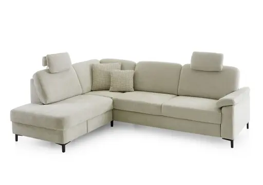 Ecksofa - Ecke links, 3-Sitzer inkl. Schlaffunktion mit Bettkasten, Premiumkopfstützen, 2 ZierkissenStoff, Beige