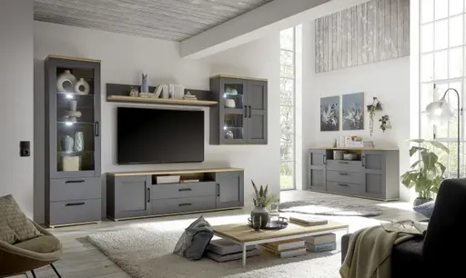 Wohnwand - mit Beleuchtung, Grau, Artisan Eiche Nachbildung