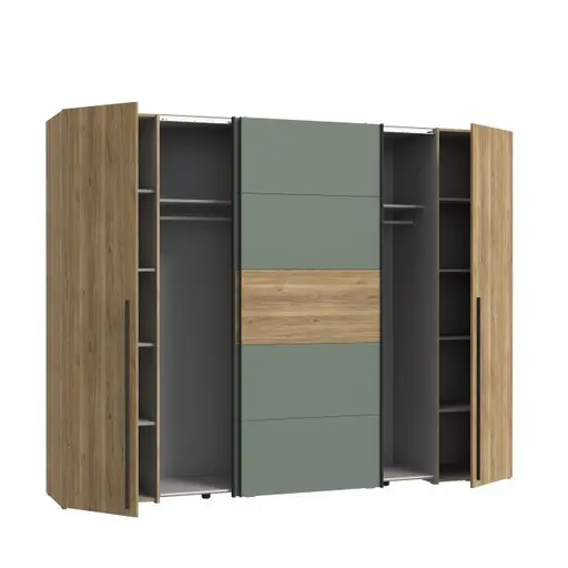 Schwebe-/Drehtürenschrank FAHDA - B. ca. 270 cm, Eiche Dekor, Grüngrau