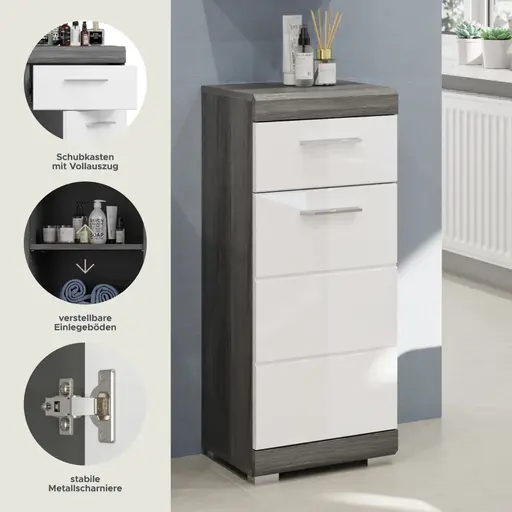 Standschrank - B ca. 37 cm, Rauchsilber, Weiß Hochglanz