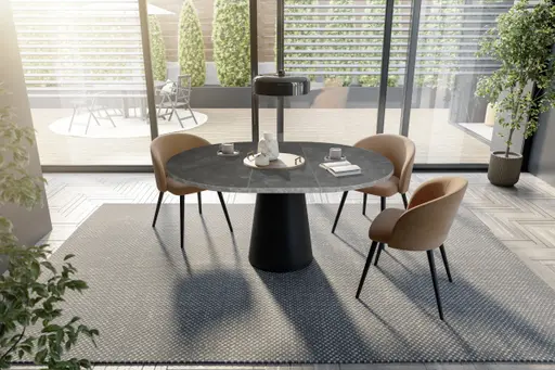 Esstisch - ausziehbar, Ø/H ca. 130x75 cm, Keramikoptik grau, Schwarz