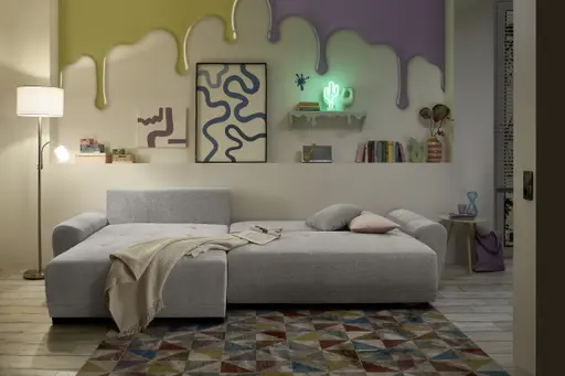 Ecksofa - Longchair links mit 2-Sitzer, Schlaffunktion mit Bettkasten, Stoff, Creme