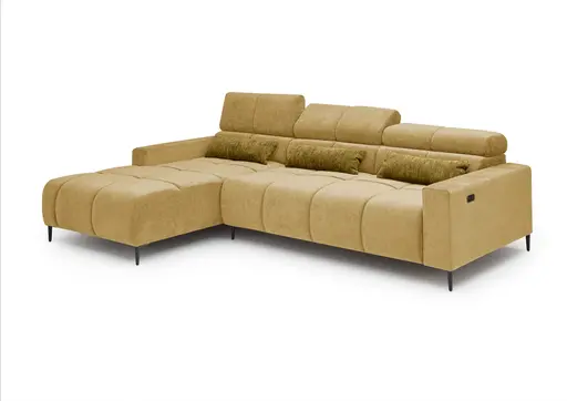 Ecksofa - Longchair links mit 2-Sizer, Sitztiefe verstellbar motorisch/Kopfteil verstellbar, Stoff, Senfgelb
