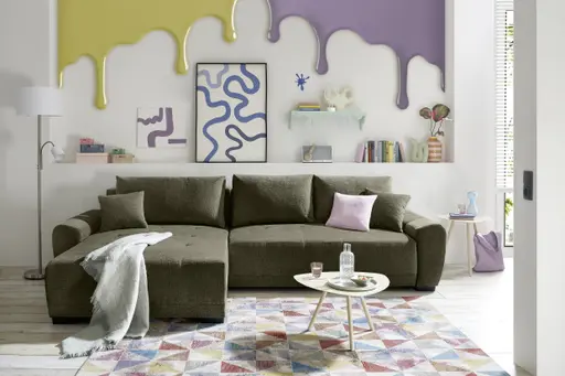 Ecksofa - Longchair links mit 2-Sitzer, Schlaffunktion mit Bettkasten, Stoff, Moos