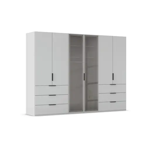 Drehtürenschrank - B. ca. 300 cm, Seidengrau Dekor, Glasrahmentüren Schwarz