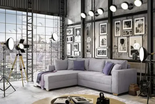 Ecksofa JAMELL - 2,5-Sitzer, Ecke rechts inkl. Schlaffunktion mit Bettkasten, Stoff, Hellgrau