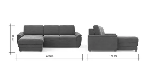 Ecksofa Lakeville 1 - Longchair links mit 2-Sitzer inkl. Schlaffunktion mit Bettkasten, Stoff, Grau