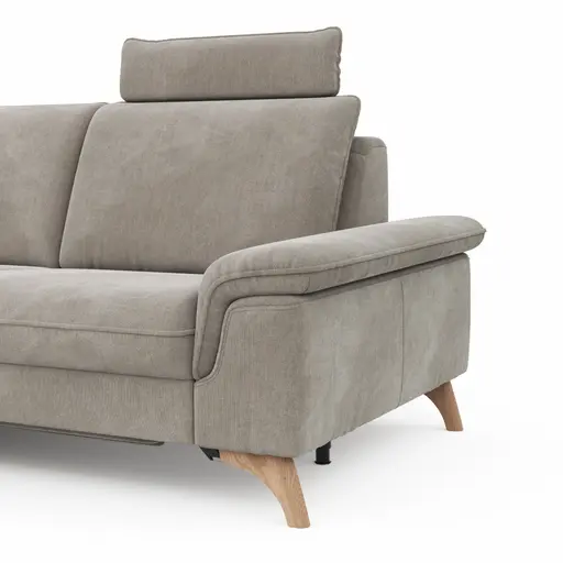 Ecksofa Tulsa KS - 1,5-Sitzer mit Anstellhocker aufklappbar links, Spitzecke und 2,5-Sitzer rechts, inkl. Kopfstütze, AL verstellbar und Schlaffunktion, Stoff, Graubeige