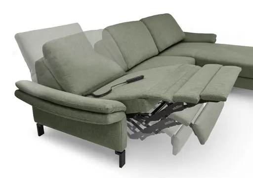 Ecksofa CALM PREMIUM 2.0 - Longchair links mit 3-Sitzer, Relaxfunktion motorisch, Armlehne verstellbar, Stoff, Dunkelgrün