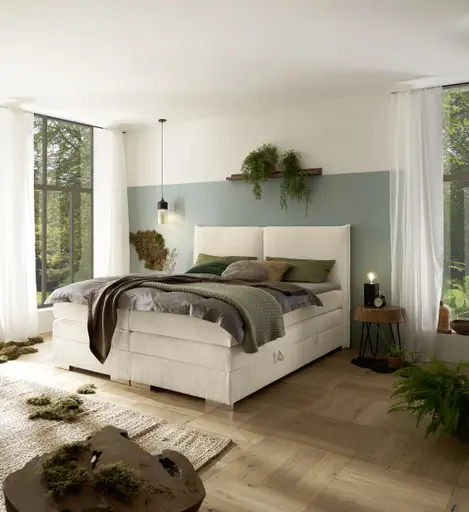 Boxspringbett SANDRIN L- Liegefläche ca. 200x200 cm, Stoff, Creme, inkl. Stauraum