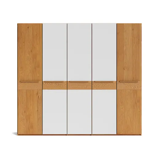 Drehtürenschrank Baltimore - B ca. 244 cm, Wildeiche massiv, Glas Cremeweiß matt