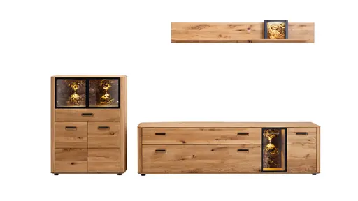 Wohnwand Vigo - inkl. Beleuchtung , Wildeiche massiv, Natur geölt