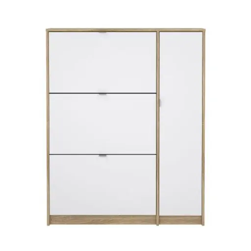 Schuhschrank - B ca. 99 cm, Eiche Struktur Nachbildung, Weiß Hochglanz